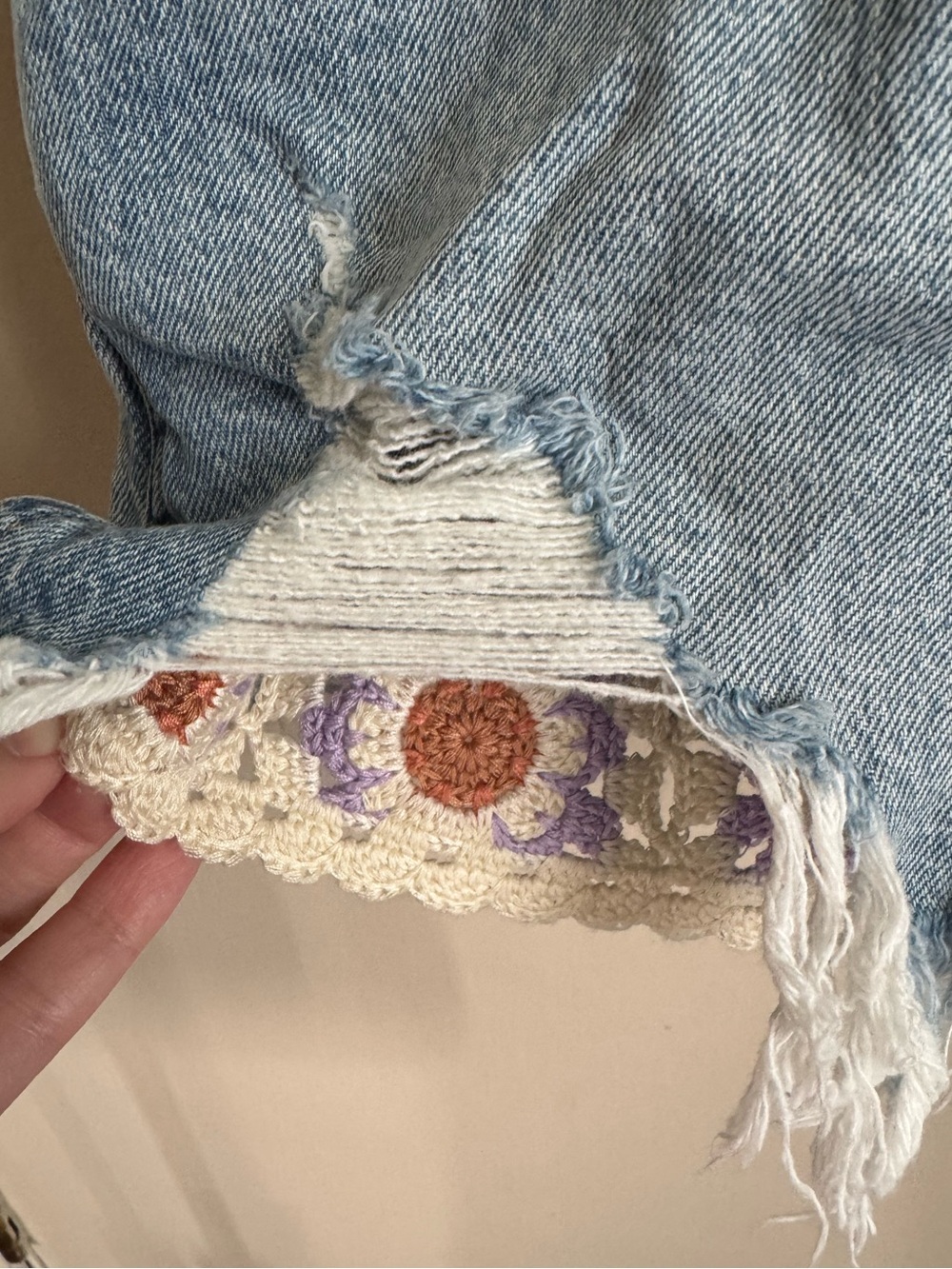 Lucky Brand Light Blue Denim Short Overalls with Crochet Panels - Picture 7 of 8
